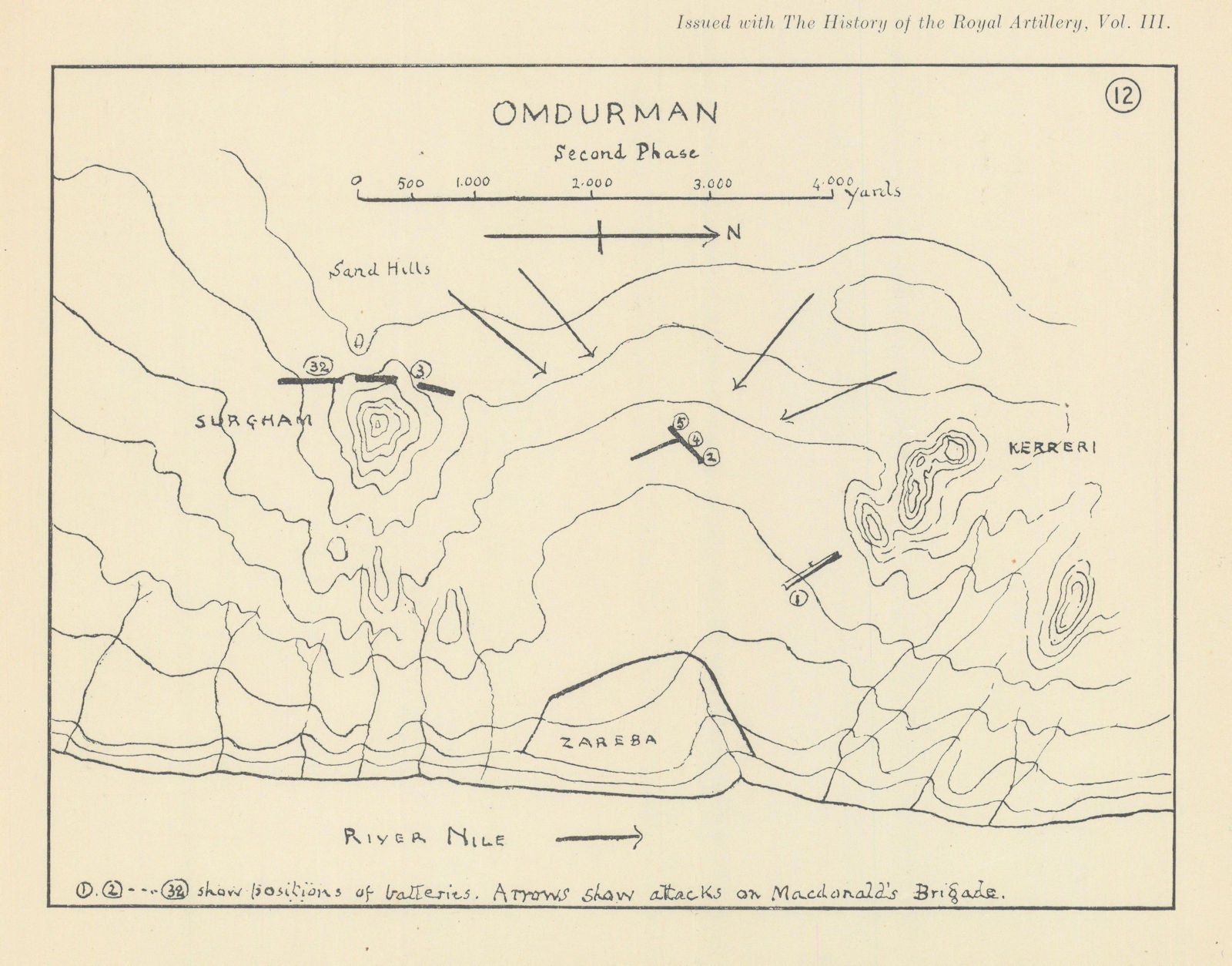 Battle of Omdurman 1898. Mahdist War. Sudan. Royal Artillery 1937 old map
